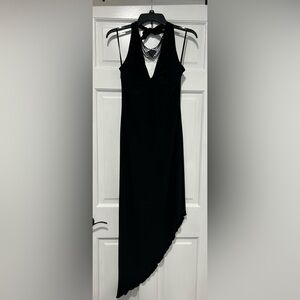 Black Halter Dress high low side attached necklace embellishment soft